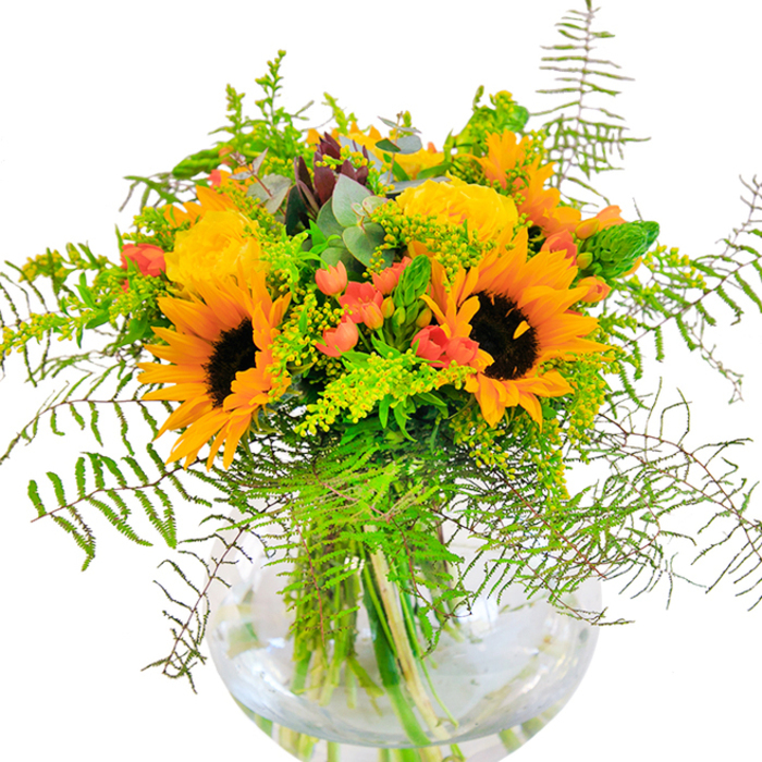 The mood of this bouquet is one of pure, sun-drenched vibrancy-a jubilant display reminiscent of golden afternoons near Malden Rushett. Clusters of gleaming sunflowers lead the eye, their rich brown centres ringed by petals of honey and saffron, echoing the warmth found on walks through Rushett Woods on a late summer day. Intermingled, classic yellow roses spiral open, each petal soft and opulent, mirrored by swirls of fresh, bright foliage. Pools of glossy red Hypericum berries nestle among the blooms, acting as sparkling notes of colour and joy, not unlike the pop of hawthorn berries spotted by the bridle paths. Cascades of feathery fern, light-green spikes, and dashes of solidago create depth and airy movement, softening the overall structure and bringing a breath of the outdoors in. Eucalyptus, with its soothing blue-green leaves, is woven throughout, offering both visual coolness and a gentle, invigorating fragrance. The base of the composition-a clear, rounded glass vase-embraces the entwined stems and fresh water, its simplicity highlighting the bouquet's craftsmanship. Designed locally, this bouquet is as suited to celebratory moments as it is to bringing a piece of the Malden Rushett landscape indoors-a visual and sensory feast that speaks of community warmth, garden freshness, and the perennial joy found in nature's palette.