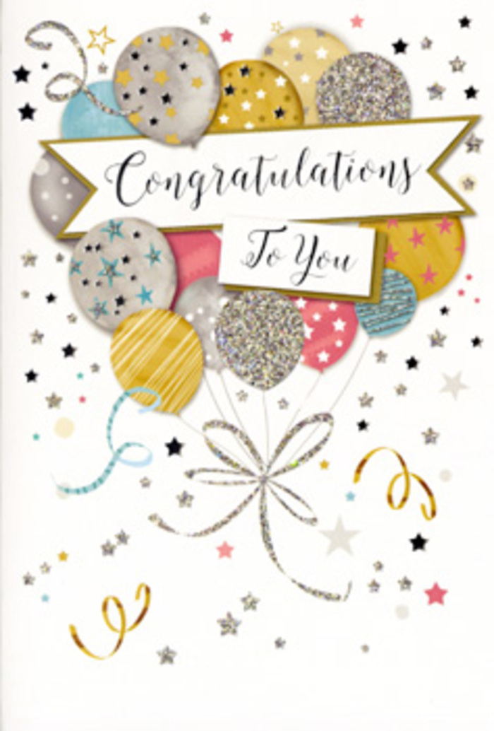 In this detailed image of a congratulations card, the artwork creates the feeling of a festive sky filled with balloons drifting above the peaceful streets and green spaces around Malden Rushett. At the centre, a generous cluster of balloons fills most of the card's face, each one an oval or rounded teardrop shape, rendered in muted yet luxurious tones of gold, silver, champagne, blush pink, powder blue, and soft grey. Their surfaces are embellished with gleaming details - narrow stripes, scattered metallic stars, and dustings of fine glitter - so that every balloon appears unique, like individual memories of the journey that led to this moment of success. From their bases, slender strings in shimmering gold and silver fall downward and twist into a decorative knot, similar to carefully tied bouquet ribbons at a local Malden Rushett celebration bouquet delivery. Around the balloons, the background is a soft, off-white or very pale cream, gently speckled with tiny golden stars, curling ribbons, and dots of confetti that seem to swirl as if caught in a light breeze blowing in from nearby fields. Across the middle of the design, a lightly curved banner stretches from one side to the other, resting over the balloons like a sash and bearing a refined Congratulations message in flowing, calligraphic lettering. The overall composition feels airy but deeply heartfelt, making it perfect for major milestones - from exam results and promotions to new jobs and special anniversaries. As a florist used to pairing cards like this with elegant bouquets for same-day delivery across Malden Rushett, I can sense how this design adds a polished, glamorous note of pride and joy to any floral gift.