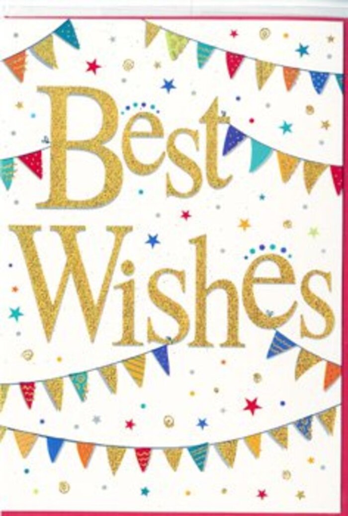 In this congratulations card, the design captures the pure spirit of festivity while staying elegantly simple, much like a thoughtfully arranged bouquet delivered across Malden Rushett. At the centre, the phrase Best Wishes sweeps across the card in generous, looping gold script, raised slightly from the surface so it appears almost sculpted from glitter. The gold has a soft, luxurious lustre, as if reflecting the late-afternoon light that drifts over local paddocks and quiet residential streets. Surrounding this central greeting, garlands of bunting stretch in gentle arcs from edge to edge, both above and below the words. Each pennant is tiny but distinct, painted in jewel-bright tones - sapphire, emerald, ruby, amber and magenta - and decorated with patterns that alternate between stripes, dots, and tiny chequered mosaics. Together, they evoke the feel of a village celebration, like colourful flags strung up for a community event near the heart of Malden Rushett. All around these banners, small stars and dots are scattered like confetti, echoing the joyful chaos of a party in full swing. Some stars appear more defined, others softer, but all contribute to the impression that happiness has just been tossed into the air. The crisp white background keeps the design airy and uncluttered, allowing each colour and shape to breathe. This is the kind of card that would sit beautifully beside a fresh arrangement on a kitchen table, offering congratulations for everything from a graduation to a new home, its golden script and playful bunting quietly radiating support, optimism and shared delight.