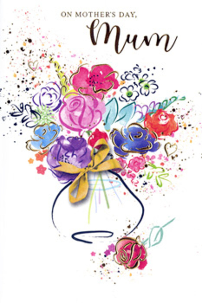 This Mother's Day card features a richly expressive, painterly bouquet illustrated in loose watercolour strokes, as though a Malden Rushett florist has sketched their dream arrangement at the end of a busy day in the shop. At the centre, generous blooms in hot pink, cerise, and raspberry-red unfurl with a sense of movement, their petals edged and accented in deep indigo that adds definition and drama. Around them, softer strokes of lavender, sky blue, and warm apricot gently diffuse into the white background, evoking the soft haze of blossom you might glimpse along country roads close to Malden Rushett in late spring. Fine threads of golden paint outline certain petals and leaves, catching imaginary light like tiny flecks of sunlight in a garden after rain. Small golden hearts and scattered colour speckles decorate the surrounding space, creating an impression of happy energy, like laughter and shared stories echoing through a family home. The bouquet gathers into a simple vase depicted with smooth, curved lines; at its base, a stylised golden bow suggests careful presentation and mindful wrapping, much like a thoughtfully prepared arrangement ready for local delivery. Despite its artistic looseness, the composition feels intentional and balanced, as if each colour was placed with a specific emotion in mind-gratitude, admiration, tenderness, and joy. The overall effect is that of a floral hug preserved on paper, a keepsake that could sit proudly on a mantelpiece or kitchen shelf, reminding any mum in or around Malden Rushett of just how cherished she is every time her eyes fall upon it.