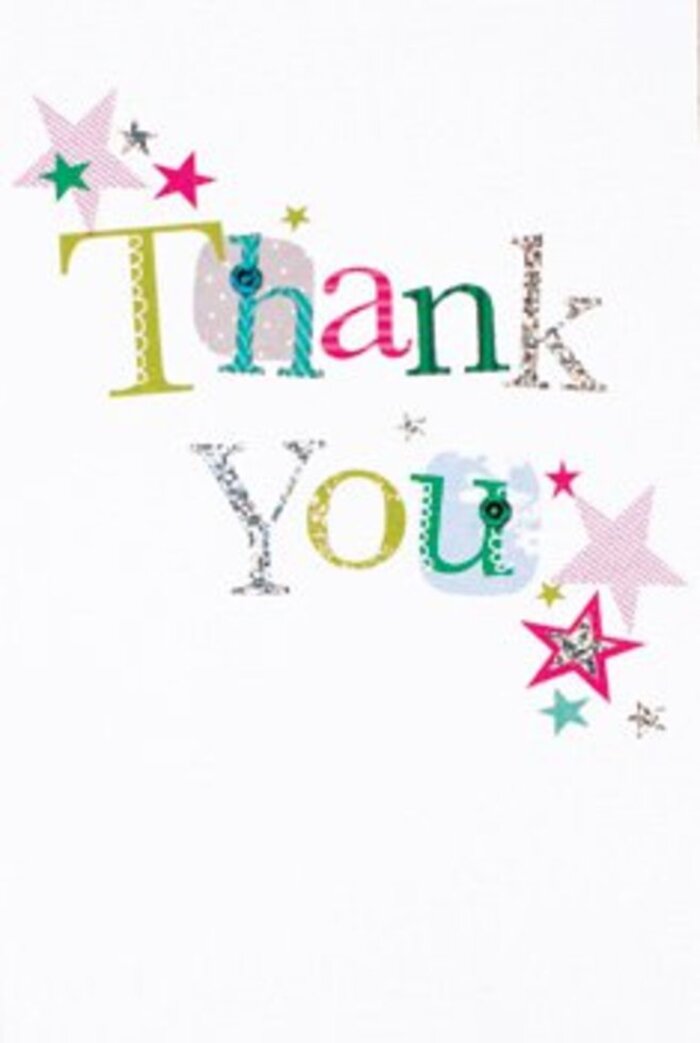 The arrangement of letters on this thank you card exudes a subtle exuberance, each shape conveying personality-some whimsical with soft spots and curved lines, others refined with an almost calligraphic grace. These letters display rich hues found around Malden Rushett: playful pinks, lush greens, and cool blues, each touched by dashes of silver shimmer or miniature polka dots, evoking a sense of handcrafted care. Around the main message, stars cluster in turquoise and sparkling magenta, their lively presence reminiscent of the light dancing through tree branches during local summer events. The background remains pristine and bright, providing a gentle canvas that lets every flourish and colour stand out, like floral displays set against the countryside's open sky. There's a modern lightness and sophistication in the design-polished but never formal-making the gesture of gratitude feel universal. This is the kind of card one might find paired with a bouquet at a kitchen table overlooking Rushett Avenue-its joyful artistry a living tribute to the spirit of Malden Rushett and the warmth of a neighbour's kindness.