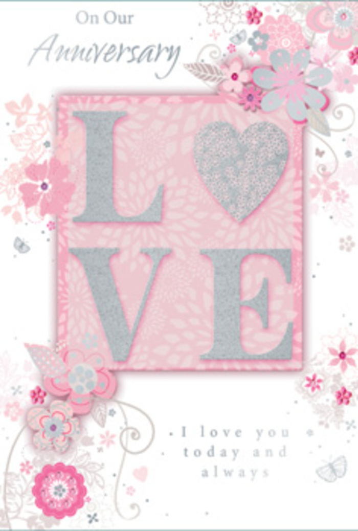An anniversary card is displayed, its design capturing the feeling of stepping into a softly lit room where love is cherished daily, much like a cosy home tucked away off the lanes of Malden Rushett. Dominating the centre, the word LOVE stands proudly in bold, uppercase letters, each one gently raised and dusted with frosted glitter. The glitter glows in tones of blush pink and pearlescent white, with a trace of silver around the edges, creating a look that is both luxurious and tender. The letters appear almost cushioned, inviting touch, as if they were crafted from fine sugar or velvet. Around this central motif, wispy blossoms and delicate sprays drift along the borders of the card. These hand-drawn flowers and leaves, rendered in blush pink, lilac-tinged grey, and creamy ivory, seem to float across the pale pink background, like petals carried on a light breeze over nearby woodland paths. Thin filigree lines curl gracefully between the blooms, forming tendrils and loops that add movement and a hint of whimsy. If you look closer, you can almost imagine faint silhouettes of tiny butterflies or hidden hearts tucked into the pattern, echoing the flutter of emotion that anniversaries bring. Nestled below the floral artwork, in understated, refined type, appears a message such as I love you today and always, the sort of phrase that encourages a moment of reflection and gratitude. The card feels like a hand-tied bouquet translated into paper-a quiet, thoughtful tribute to enduring affection and everyday devotion shared in Malden Rushett.