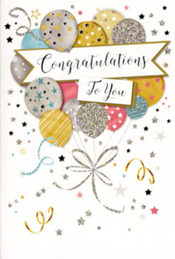 This congratulations card is shown upright against a soft, neutral background, yet it carries the atmosphere of a full celebration, like a miniature party ready to be delivered alongside flowers anywhere in Malden Rushett. In the centre floats a generous bouquet of balloons rendered in rich metallic tones - gold, silver, champagne, sky blue, dusty pink, and soft grey - each one outlined with a gentle sheen that suggests a subtle, pearly light. Some balloons are decorated with fine stripes, others with tiny glittery stars or scattered dots, giving a varied texture that feels almost tactile, like brushed foil or embossed ink beneath your fingertips. Slim gold and silver strings trail from the base of the balloons and twist together into a calligraphic flourish, reminiscent of the way we at Flower Delivery Malden Rushett curl ribbon tails on a celebratory arrangement. Surrounding the central cluster, tiny stars, flecks of confetti, and swirling ribbon motifs drift across the pale, creamy backdrop, evoking the joyful chaos of a successful party in a cosy Malden Rushett living room after good news has been shared. Stretching across the centre of the design, a white banner unfurls gracefully, carrying a stylish "Congratulations To You" message in elegant script that feels both personal and refined. The composition radiates sparkling pride and genuine happiness - ideal for marking milestones such as promotions, graduations, passed exams, new homes, or any achievement worth cheering. You can almost imagine this card propped beside a fresh bouquet on a hall table near the edge of the Surrey countryside, greeting the recipient with a bright burst of optimism every time they pass by.