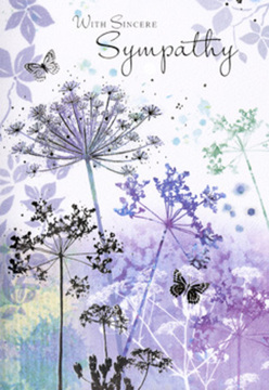 Opening this sympathy card feels like stepping into a hushed corner of countryside near Malden Rushett at first light. Tall, slender umbels of wildflowers, drawn in fine detail, lift towards the top of the card in veils of violet, dusky mauve, and soft blue-grey. Their stems are thin and slightly curved, giving a sense of movement, as though stirred by a mild Surrey breeze drifting across the fields by the A243. The flower heads themselves are intricate yet light, with tiny dots and filigree lines suggesting many tiny florets clustered together. Behind them, a wash of watercolour in muted purple and silvery green fades into one another, evoking distant hedgerows softened by morning mist. Two or three butterflies hover delicately among the blooms, their translucent wings only just outlined, like fleeting moments of hope in a time of loss. The entire composition is uncluttered and airy, with generous white space that invites quiet reflection rather than demand attention. From a florist's eye, the design mirrors the tender grace of a simple condolence bouquet, chosen with care for a funeral service at a small local chapel or a home just off Fairoak Lane. It feels like a visual whisper-gentle, respectful, and deeply aware of the emotions carried with it-making this card a thoughtful companion to any Malden Rushett sympathy flower delivery.