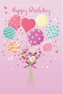 This enchanting birthday card-style design shows a bouquet that seems to float skyward, as if carried by a flock of pastel balloons drifting above the rooftops of Malden Rushett. A gentle pink background sets a romantic stage, soft and inviting, much like the calm of nearby rural paths at dusk. From the base of the image rises a fresh, hand-tied bouquet of garden-style flowers, their petals plush and full in tones of blush, ivory, lilac, and warm yellow. The stems are gathered with a neat purple ribbon, tied in a sparkling bow that suggests the careful touch of a local florist preparing a special birthday delivery. Above the blooms, an array of balloons takes flight, each with its own playful character: some wear curling stripes like candy ribbons, others are scattered with dainty polka dots or tiny floral patterns, all glistening with a soft sheen. Their colours mirror the bouquet beneath-dusty rose, teal green, lemon chiffon, and lavender-creating a harmonious blend that feels both festive and refined. Light glides across the scene, highlighting rounded balloon shapes and the layered curves of petals, giving depth and a sense of movement, as if a gentle breeze from Epsom or Chessington has caught them. The mood is joyful yet tender, perfect for marking a birthday where the sender wants to say, "You are cherished," in a way that feels personal and handcrafted. This image captures the magic of celebrating another year with flowers and balloons that seem almost alive with happiness, ready to brighten any Malden Rushett home.