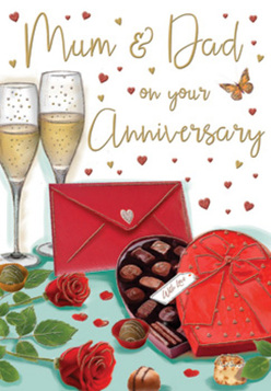 This anniversary card illustration captures a romantic table scene that feels familiar to many couples in Malden Rushett celebrating a special evening together. Two elegant champagne flutes stand close, their slender stems almost touching, filled with pale golden bubbles that rise in delicate streams, as though mid-toast. In front of them is a heart-shaped box of chocolates, coloured in a deep, romantic red and finished with a full, glossy bow that spills gently to one side. The lid is partly open, revealing a tempting selection of chocolates arranged in careful rows, each one softly shaded to suggest a velvety shell. To the left, two red roses rest against a backdrop of fresh green leaves; the blooms are full and lush, the petals layered like soft satin, evoking the feeling of a florist-fresh bouquet picked up on the way home along Rushett Lane. Tiny golden and crimson hearts float across the card's background, adding movement and sparkle, and they seem to draw the eye towards the affectionate message dedicated to loving parents. A bright scarlet envelope lies on the tabletop, its colour echoing the roses and ribbon, with a faint suggestion of a card tucked neatly inside. The whole composition feels warm, intimate, and thoughtfully chosen, the kind of image that suggests an evening of quiet conversation, shared memories, and gentle laughter. As a local florist, the scene reminds me of delivering anniversary flowers across Malden Rushett-simple, heartfelt gestures that turn an ordinary room into a place of celebration with roses, champagne, and a lovingly written card.