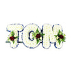A serene, hand-crafted funeral tribute that spells TOM in three-dimensional letters made entirely of densely packed, pristine white chrysanthemums. Each plump petal is arranged to create a pillowy surface, the chrysanthemums' soft matte texture catching the light like a hush; the overall effect is consoling and quiet. The edges of every letter are traced with a neat, royal-blue ribbon-crisp, satin-lined borders that give each character a dignified silhouette against the bright white backdrop. Nestled within the T, O and M are balanced accent sprays: each cluster centres on a single deep, velvety red rose that reads as a gesture of enduring love, accompanied by smaller creamy-white spray roses and delicate buds. Wisps of fern fronds and deep green foliage thread through the clusters, their serrated leaves and glossy stems adding contrast, depth and a subtle forest scent to the composition. A dark green or black metal support bar is discreetly visible along the base, a reminder of the careful engineering that allows the letters to stand upright during services. The cool studio light on a clean white surface highlights the arrangement's textures and colours without distraction, making the royal blue border, red roses and lush greens clearly legible from a distance. This is a classic bespoke sympathy display, crafted with measured restraint and an empathetic hand-perfect for a funeral service, memorial chapel or graveside tribute in Malden Rushett and neighbouring communities, where families look for a respectful, personalised floral farewell.