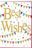 This Best Wishes card radiates a calm yet unmistakable joy, like the quiet excitement of good news shared over coffee in a Malden Rushett kitchen. The background is a clear, unblemished white, providing a fresh canvas for the decorative details that follow. In the middle of the card, the words Best Wishes are written in flowing golden script, embossed with a subtle glitter that catches the light as you tilt it, giving a tactile sense of celebration. The lettering feels warm and personal, as though carefully penned for a special occasion. Above and below this central message, strings of bunting sweep across in gentle, curved lines, reminiscent of jaunty banners hung at a local garden party or community get-together. Each small triangular flag is painted in bright, uplifting colours - blues, reds, greens, yellows and soft pinks - some with crisp stripes, others speckled with tiny dots or simple, mosaic-like patterns. These repeating motifs add rhythm and movement, as though the bunting is gently swaying in a light breeze drifting over nearby fields. Dotted around the bunting and lettering are petite stars and confetti dots in matching tones, scattered so they appear lightly tossed, not cluttered, suggesting spontaneous joy rather than formality. The composition feels open and airy while still rich with detail, making the card ideal for pairing with flowers to celebrate a promotion, a new baby or any milestone within Malden Rushett. It visually expresses encouragement and happiness, wrapping your message in a soft, festive glow that lingers long after the envelope is opened.