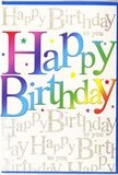 The photograph presents a festive birthday card whose design seems to capture the spirit of a bright Malden Rushett celebration in paper form. Boldly centred across the front, the words Happy Birthday appear in large, rounded letters that shift smoothly through a rainbow spectrum, from rich cherry reds and warm corals to lemon yellow, lagoon blue, and leaf green, echoing the cheerful mix of colours you might see in a bouquet delivered locally on a busy birthday morning. Each letter looks as if it has been painted with carefully blended inks, the gradient so fluid that no single edge is harsh, giving the impression of movement and joy. Behind this striking message, the entire background is layered with fine, looping script in understated metallic gold, quietly repeating Happy Birthday to you like a gentle chorus of voices. The gold lettering shimmers softly as though caught under soft indoor lighting, much like the glow inside a cosy home just off the country roads around Malden Rushett when family gathers to celebrate. Tiny twinkles and scattered specks drift across the design, suggesting light confetti or distant stars, adding to the sense of occasion without overwhelming the main text. The card's surface appears smooth and lightly glossy, inviting the hand to run over it. Overall, the design feels both fun and refined, suitable for any age, and particularly charming when paired with a colourful arrangement waiting on the table ready to surprise the recipient.