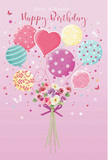 A whimsical birthday scene appears on a gentle pink canvas, as if painted just for a celebration in Malden Rushett, where pastel balloons rise like happy thoughts and a bouquet of fresh blooms anchors the moment with softness and grace. At the centre of the image, a cluster of balloons floats upward, each one unique: some swirl with candy-striped ribbons in blush, lemon, and mint; others sparkle with playful polka dots or tiny floral illustrations that mirror the blossoms below. Near the middle, a heart-shaped balloon stands out, radiating affection and suggesting a deeply personal birthday message. The colours-creamy ivory, blush pink, lavender, and a touch of teal-blend together in a soothing, harmonious palette, while the smooth shine of the balloons catches the light as though the sun were streaming through a Malden Rushett window on a bright spring morning. Below this airy parade, a bouquet gathers the eye, filled with delicate roses and anemone-like flowers, their petals feathery and layered, shaded from soft cream to gentle mauve. The stems are tied neatly with a violet satin bow, its ribbon trailing slightly, hinting at the careful hands that arranged it, much like a florist preparing a special birthday delivery just off Rushett Lane. Tiny stars and butterflies are scattered around, like little sparks of magic, adding a fairy-tale note to the composition. Everything about the image feels light, sweet, and joyfully festive, capturing the essence of a birthday that should be bright, unforgettable, and full of heartfelt wishes carried on balloons and blooms.