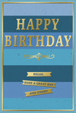 An understated yet celebratory birthday card in blue and gold stands ready to accompany a thoughtful gift delivered anywhere in Malden Rushett. The front is dominated by broad horizontal stripes, each stripe a slightly different tone of blue, flowing from deep navy at the top to lighter ocean and sky blues below, with hints of teal that suggest the changing light over nearby fields. Across the centre, the words HAPPY BIRTHDAY appear in bold, embossed capital letters, rendered in gleaming metallic gold. The letters rise above the matte surface, catching light in soft glints that bring the message alive without breaking the card's calm, composed feel. Directly beneath the main greeting lies a refined golden flourish, an ornamental swirl that introduces a touch of classic elegance, like the scrollwork you might notice on an old sign along Rushett Lane. Below this flourish, three narrow gold banners are laid one under another. Each banner is neatly embossed and foiled to match the main text and holds a simple message that together reads: Relax, have a great day and enjoy! The banners look like gently placed ribbons, offering a quiet nudge toward rest and appreciation. A slim gold line forms a border close to the edge of the card, framing the blue stripes and adding a sense of completion, much like a tidy hedge surrounding a cottage garden. The card stock appears smooth and of good weight, with the contrast between soft matte blues and shiny gold detailing creating a tactile richness. It is easy to see this card propped beside a fresh birthday arrangement on a windowsill in Malden Rushett, the gold details catching the shifting daylight and giving the room a peaceful, celebratory glow.