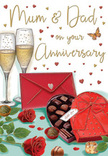 This detailed anniversary card illustration presents a romantic vignette that feels perfectly suited to a family celebration in Malden Rushett after a leisurely walk around the nearby green spaces. Two tall champagne flutes stand side by side, each filled with pale, golden champagne whose bubbles are captured mid-rise, giving the image a sense of movement and anticipation, as though a toast is about to be shared. In front of the glasses sits a deep red, heart-shaped box of chocolates, its lid elegantly opened to reveal neatly arranged truffles glistening softly under the light. A sumptuous red bow crowns the box, its ribbon loops rendered with enough detail to suggest a satin sheen you could almost feel under your fingertips. To one side, two red roses, fully open and plush with petals, rest on a bed of fresh green leaves; the roses are illustrated with the same care and depth that go into the fresh bouquets created daily for local deliveries. Small crimson and gold hearts float across the background, framing a tender message to Mum & Dad and adding a sprinkle of joyful romance. A bright scarlet envelope lies nearby, angled as if it has just been set down after being sealed, hinting at a handwritten note filled with gratitude and love. The whole composition glows with warmth and harmony, suggesting not just a greeting card, but a captured moment of celebration-complete with flowers, chocolates, and champagne-that many couples in Malden Rushett might recognise from their own cherished anniversaries.